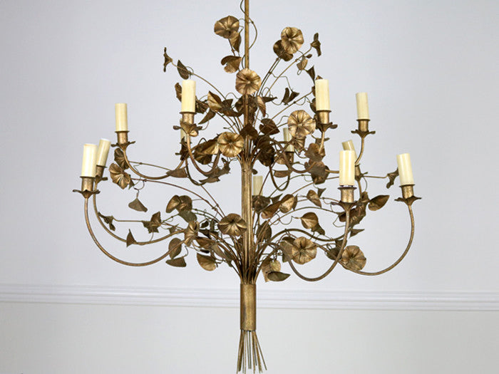 1940's French gold trailing flower and leaf ornate metalwork chandelier