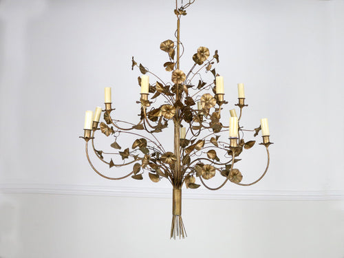 1940's French gold trailing flower and leaf ornate metalwork chandelier