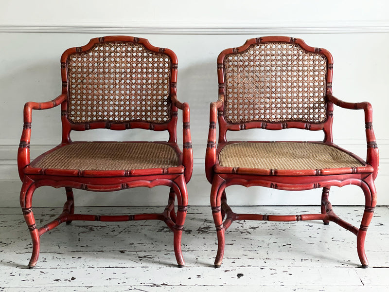A Pair of Red Lacquer Faux Bamboo Hollywood Riviera Armchairs