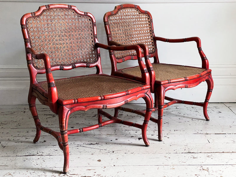 A Pair of Red Lacquer Faux Bamboo Hollywood Riviera Armchairs