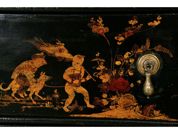 18th Century Queen Ann Black Lacquer, Chinese Chinoiserie Chest