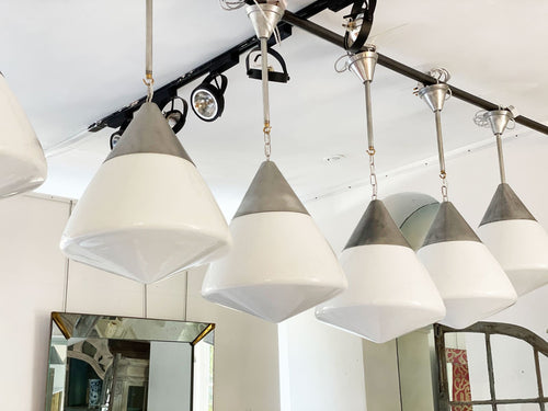 Four Large 1950's French Opaline & Aluminium Pendant Lights
