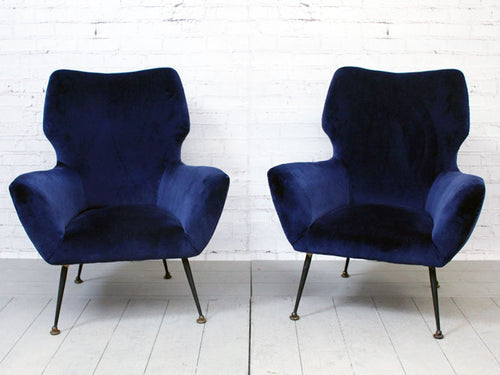 1950's Pair of Mid Century Italian Armchairs in Blue Velvet