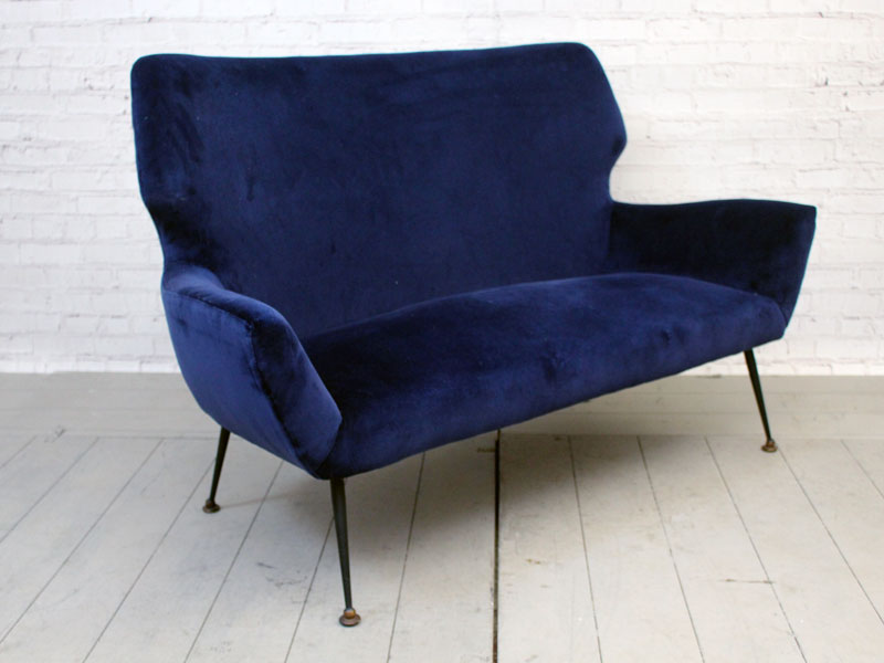 1950's Small Mid Century Italian Sofa in Blue Velvet
