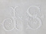 Pair of Antique French double linen sheets with monogram 'JS'