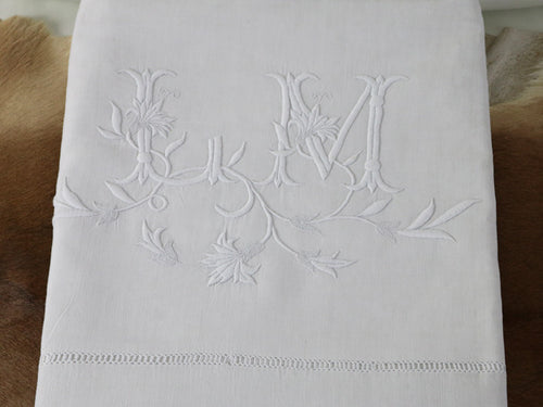Antique French monogram 'LM' on large double linen sheet