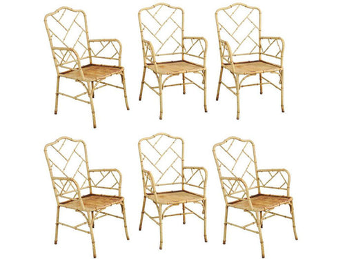 19th century rare set of 6 large cast iron simulated bamboo Chinese Chippendale armchairs