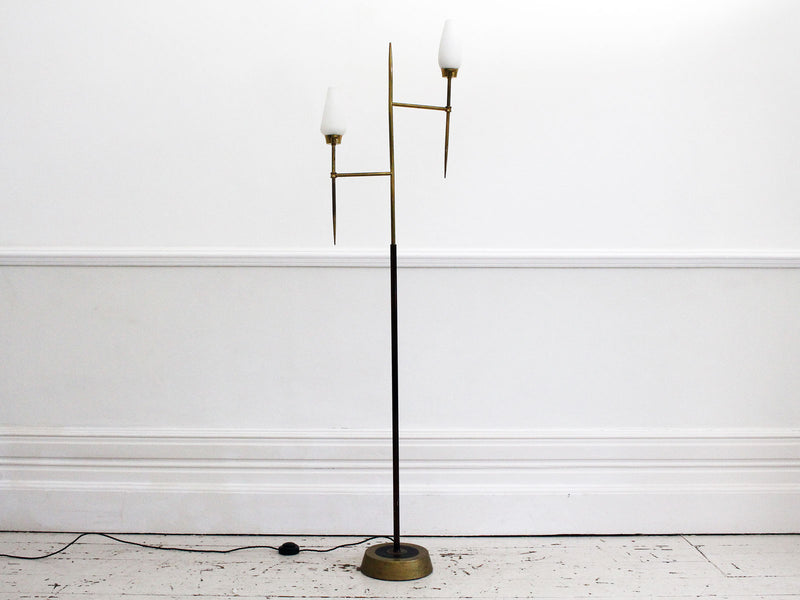 A 1950's French Arlus Brass Standing Lamp with Opaque Glass shades