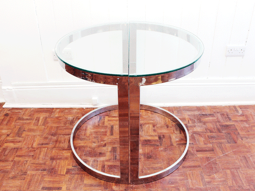 A Pair of 1970's Italian Chrome & Glass Demi Lune Console Tables