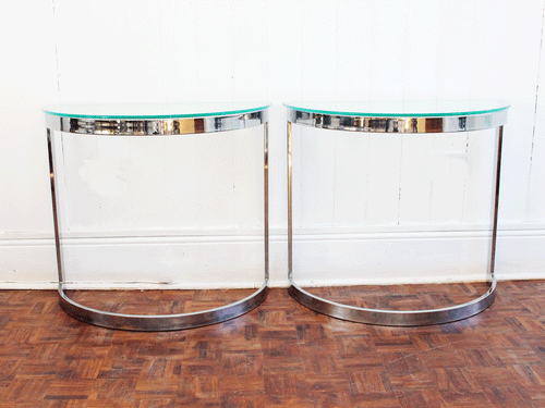 A Pair of 1970's Italian Chrome & Glass Demi Lune Console Tables