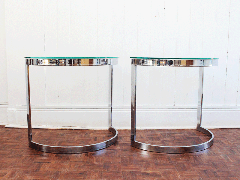 A Pair of 1970's Italian Chrome & Glass Demi Lune Console Tables