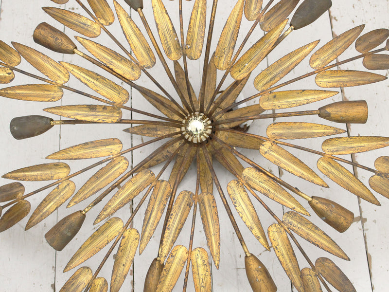 A Large 1950's Gilt Metal Palm Leaf Ceiling Light by Ferro Art