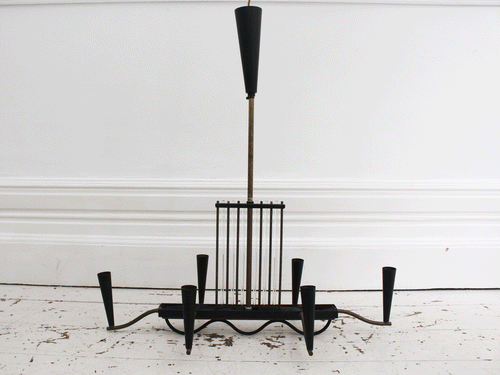 A 1950's Italian Black Metal, Brass & Glass Pendant Light