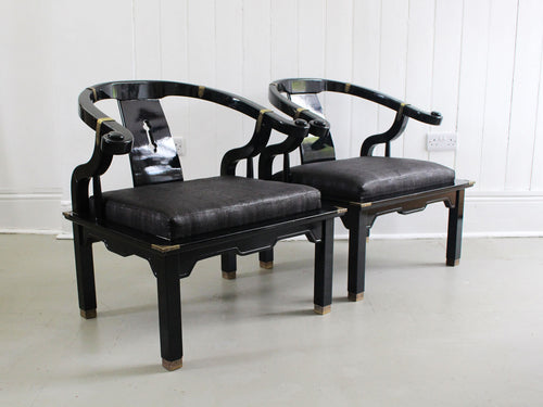 A Pair of 1960's James Mont Horseshoe Lacquered Chinoiserie Armchairs