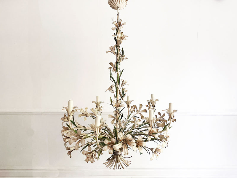 An Impressive 1950's French Painted Tole Lily Flower Chandelier
