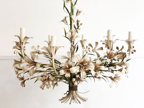 An Impressive 1950's French Painted Tole Lily Flower Chandelier