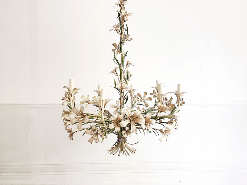 An Impressive 1950's French Painted Tole Lily Flower Chandelier
