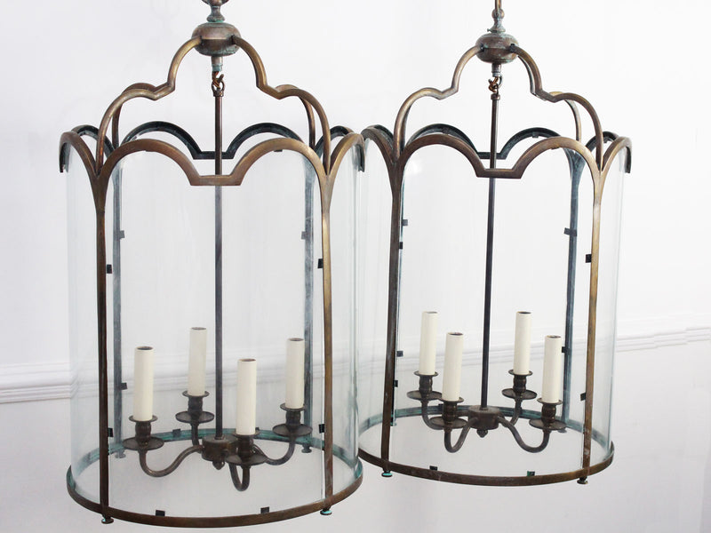 A Large Pair of 1950's Bronze & Glass Lanterns