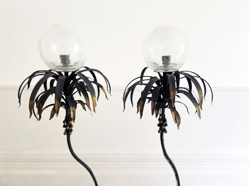 A Pair of 1950's French Palm Shaped Floor Lights with Crackle Glass Globe Shades