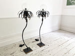 A Pair of 1950's French Palm Shaped Floor Lights with Crackle Glass Globe Shades