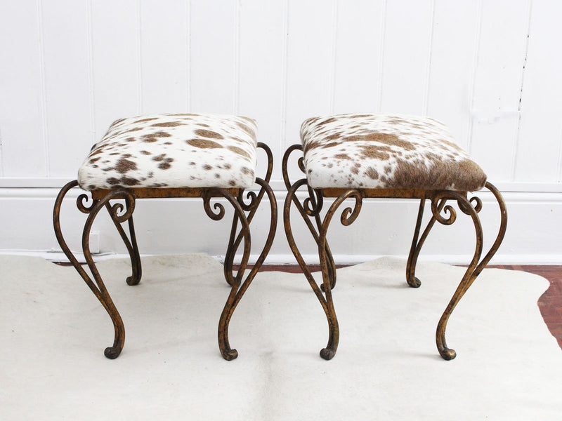 A Pair of Gilt Metal Spanish 1950's Stools with Cowhide Covering