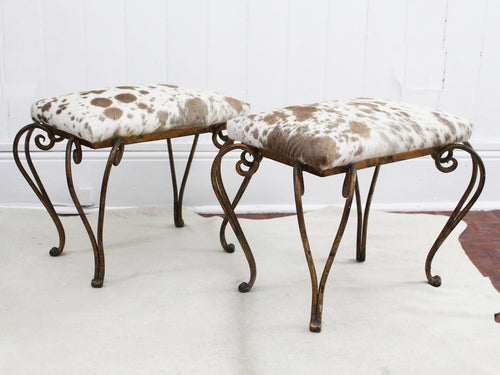 A Pair of Gilt Metal Spanish 1950's Stools with Cowhide Covering