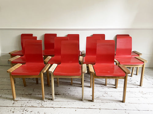A Set of 12 1960's French Red Lacquer and Beech Dining Chairs - Vintage Furniture London - Streett Marburg