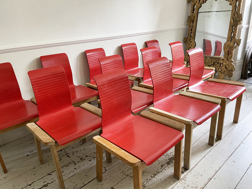 A Set of 12 1960's French Red Lacquer and Beech Dining Chairs - Vintage Furniture London - Streett Marburg