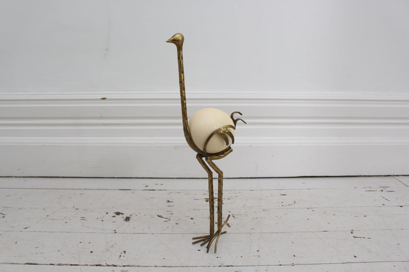 French 1970's Brass Ostrich Sculpture with Ostrich Egg