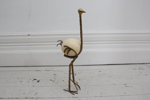 French 1970's Brass Ostrich Sculpture with Ostrich Egg