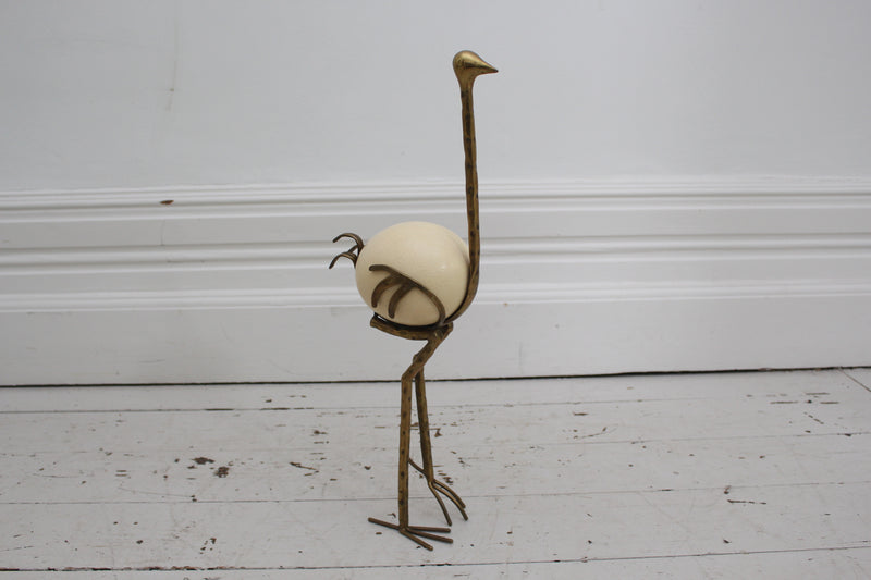 French 1970's Brass Ostrich Sculpture with Ostrich Egg