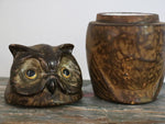 A French ceramic and leather owl cookie jar