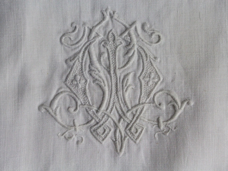 Small Bolster Monogrammed - Antique French White on White Monogram LW WL on Linen Cushion