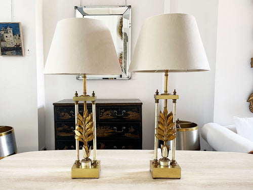 A Pair of Tall 1970's American Brass Table Lamps with Leaf Detail