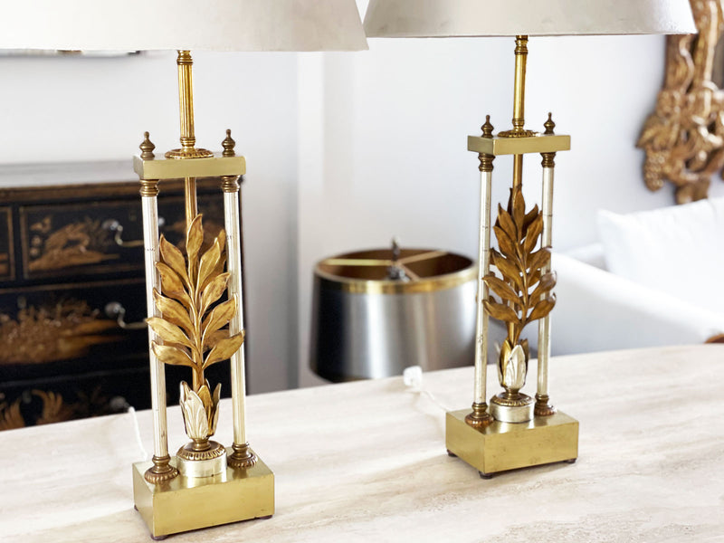 A Pair of Tall 1970's American Brass Table Lamps with Leaf Detail