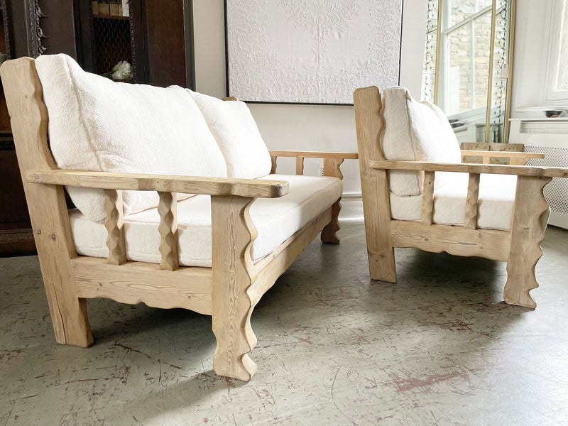 Two 1970's Pine Sofa Benches with Faux Fur Covering