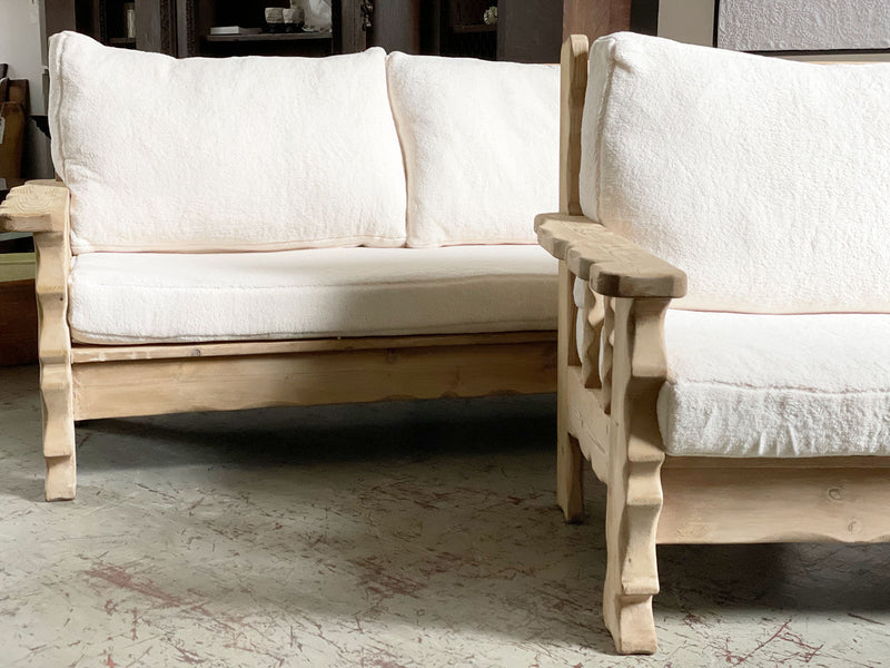 Two 1970's Pine Sofa Benches with Faux Fur Covering