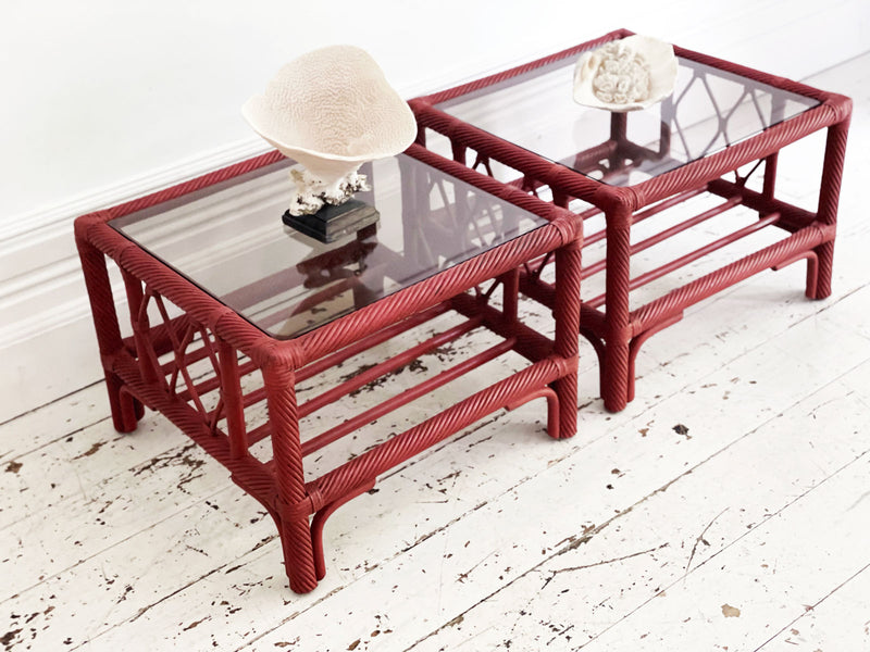 A Pair of 1970's French Raspberry Red Rattan & Glass Side Tables