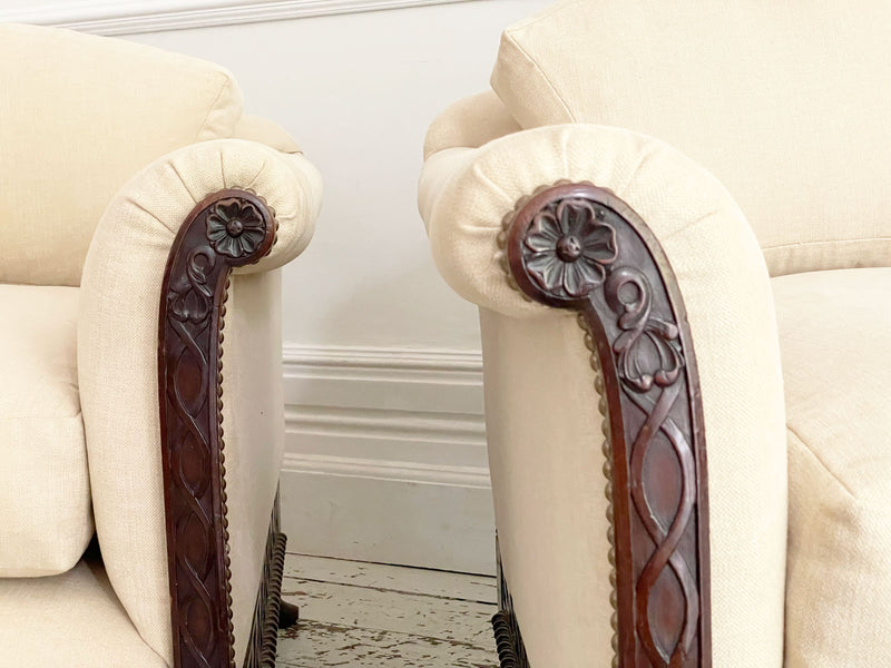 A Majestic Pair of 19th C Carved Mahogany Armchairs