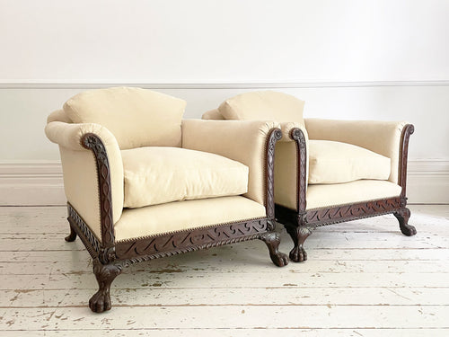 A Majestic Pair of 19th C Carved Mahogany Armchairs
