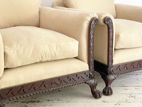 A Majestic Pair of 19th C Carved Mahogany Armchairs