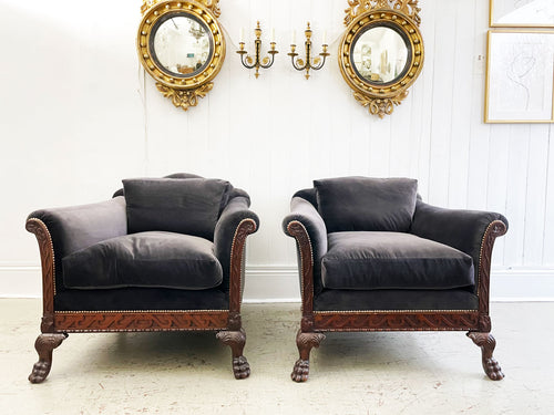 A Majestic Pair of 19th C Carved Mahogany Armchairs