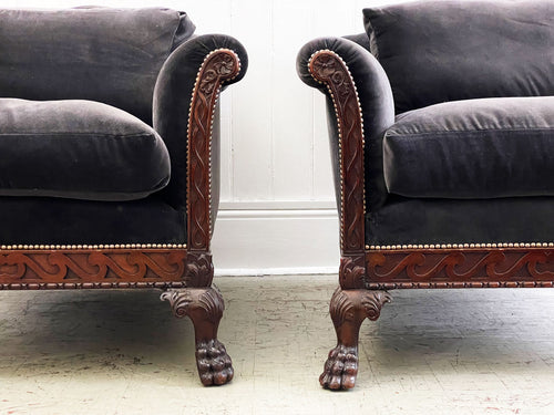 A Majestic Pair of 19th C Carved Mahogany Armchairs
