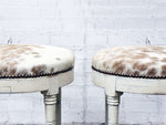French Late 19th C Pair of White Painted Stools Upholstered in Cowhide