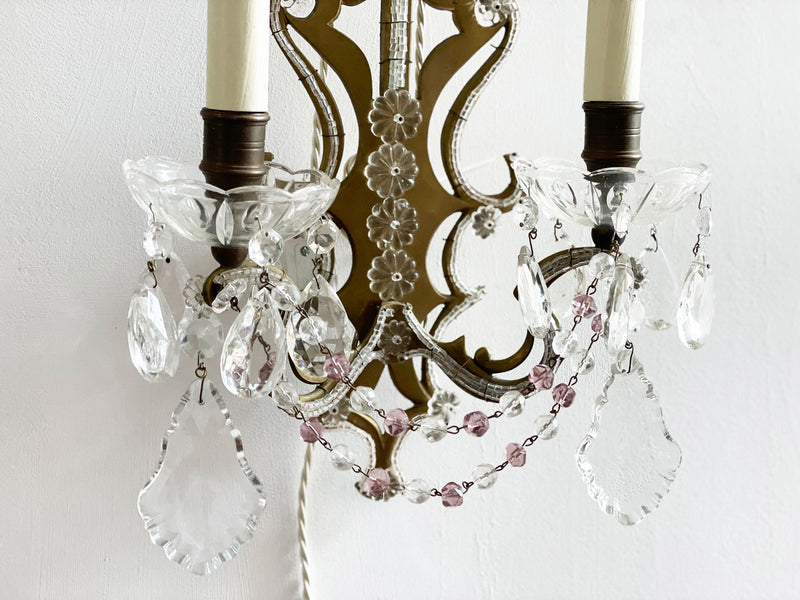 A Pair of 1950's French Brass & Glass Wall Lights