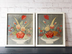 A Pair of 1930's Japanese Red Flower Framed Embroideries on Grey Blue Background
