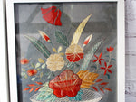 A Pair of 1930's Japanese Red Flower Framed Embroideries on Grey Blue Background