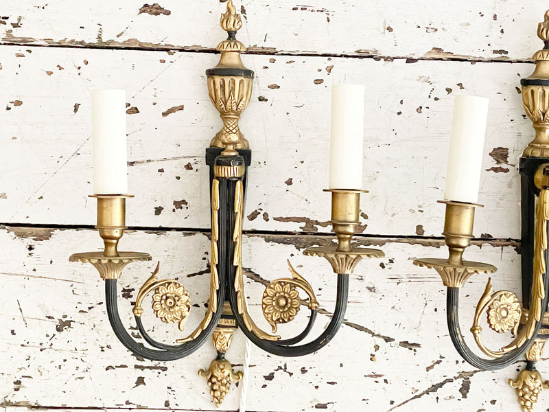 A Pair of 1950's Empire Style French Three Light Brass Sconces