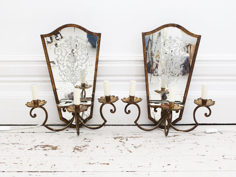 A Pair of French 1940's Eglomise Glass & Gilt Metal Wall Sconces