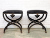 Early 20th C Pair of Upholstered French Black Iron X Stretcher Stools with Shell Detail
